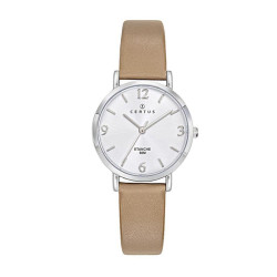 Montre Certus, cadran blanc, bracelet en cuir marron, 644564