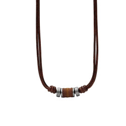 Collier cuir marron et Perles, Fossil pour hommes