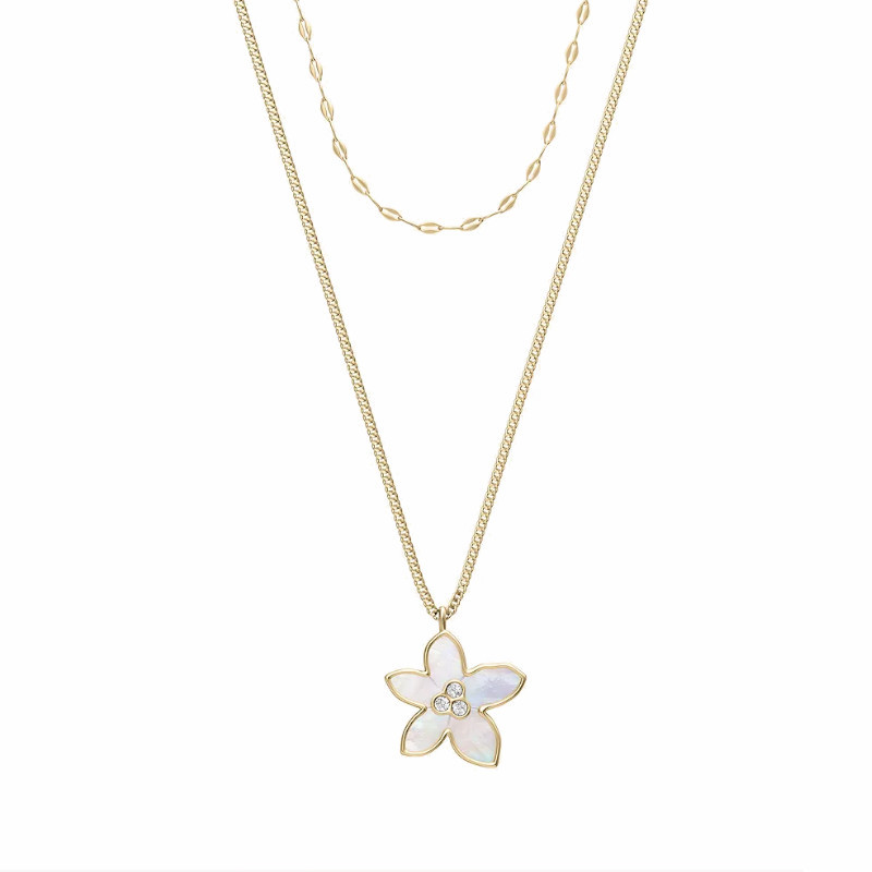 Collier Fleur nacré, Fossil, en acier doré