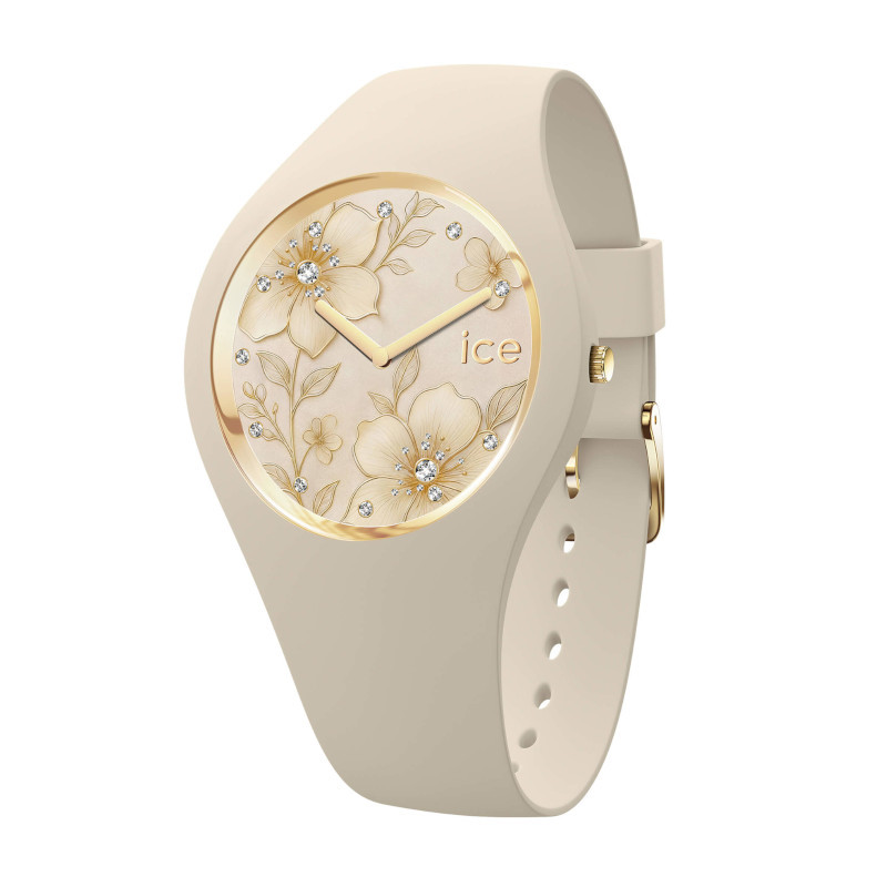 Montre Ice Watch, Flower Ivory Grace, fleurs dorées sur fond beige