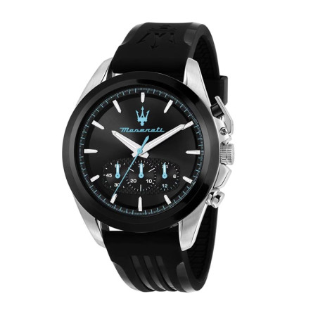 Montre Maserati Traguardo - R8871612047 - cadran rond noir avec détails bleus clairs et bracelet silicone noir