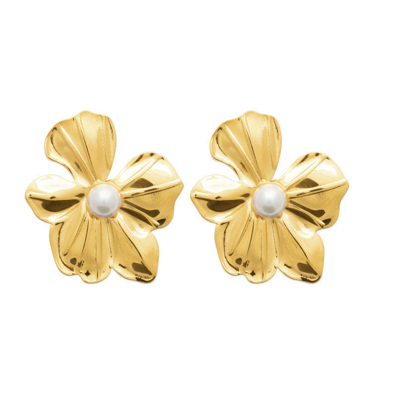 Boucles d'oreilles Fleur avec perle blanche et en acier doré