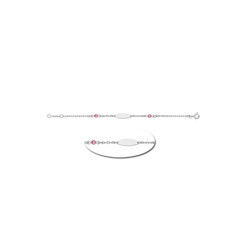 Bracelet Identité, plaque ovale, chaine maille forcat avec Perles Roses, argent