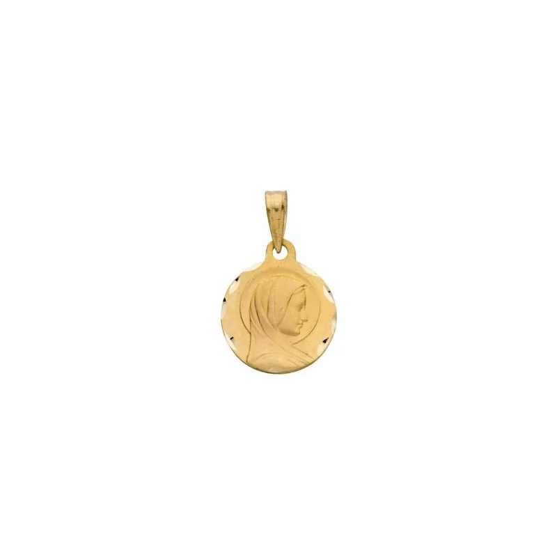 Médaille Vierge, forme ronde, bords diamantés, en or 9 carats