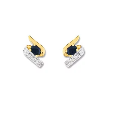 Boucles d'oreilles avec un saphir au centre et des diamants, en or 9 carats bicolore jaune et blanc.