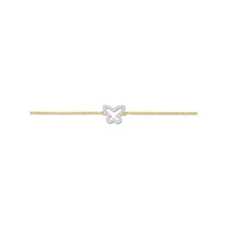 Bracelet chaîne en or jaune avec un joli papillon orné d'oxydes en or blanc. Le bracelet est en or 9 carats