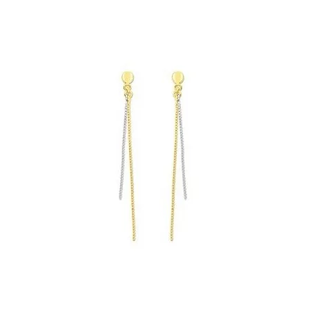 Boucles d'oreilles pendantes en fils maille vénitienne, bicolore en or jaune et or gris, 9 carats.