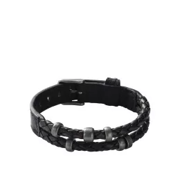 Bracelet Vintage Casual, Fossil, avec double lanières tressées en cuir noir avec des perles vieillies - JF85460040