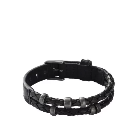 Bracelet Vintage Casual, Fossil, avec double lanières tressées en cuir noir avec des perles vieillies - JF85460040
