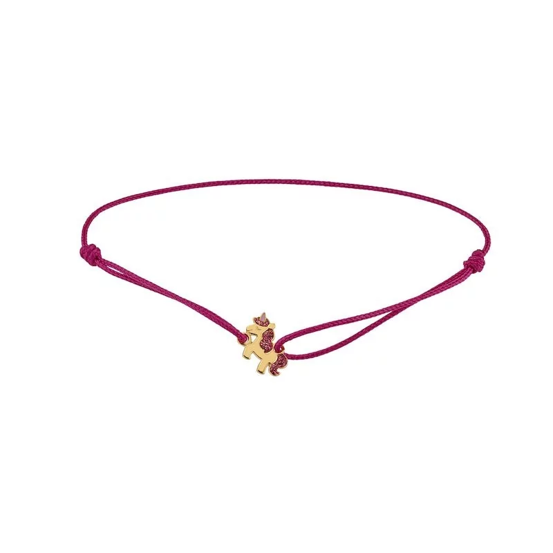 Bracelet Licorne, bracelet cordon rose et motif en or 9 carats