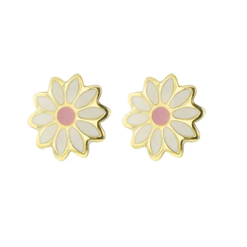 Boucles d'oreilles Marguerites blanches et rose, en or jaune 375 millièmes