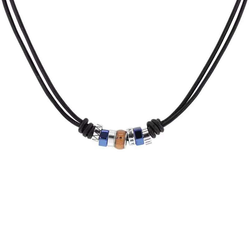 Collier Harvey Stone, Perles acier et bois sur cordon en cuir