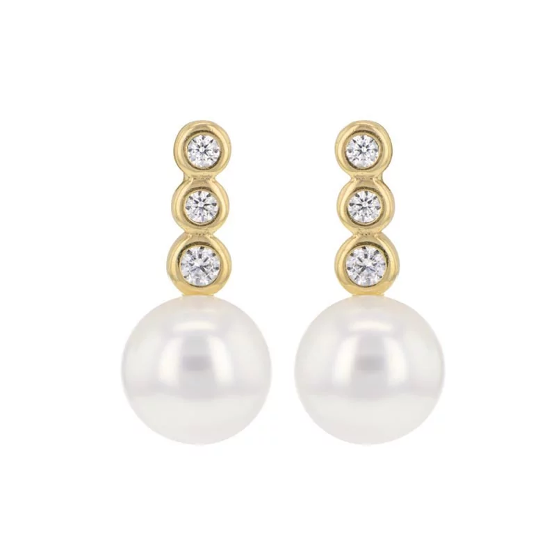 Boucles d'oreilles Perle de culture, oxydes de zirconium et or 375 millièmes