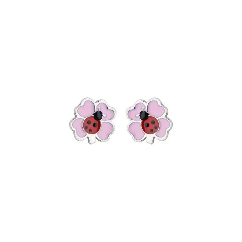 Boucles d'oreilles Trèfle avec Coccinelle, en argent avec de la laque rose et rouge