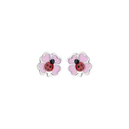 Boucles d'oreilles Trèfle avec Coccinelle, en argent avec de la laque rose et rouge