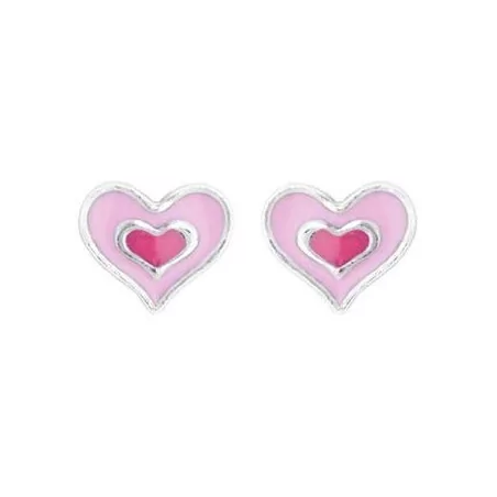 Boucles d'oreilles Duo Coeurs Roses, en argent avec de la laque