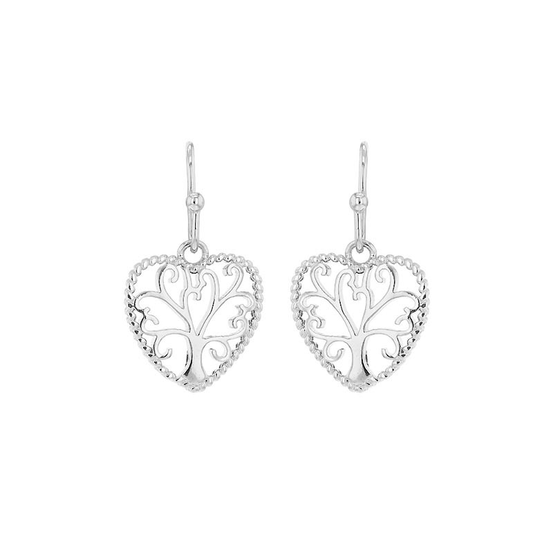 Boucles d'oreilles Coeurs avec arbre de vie, en argent