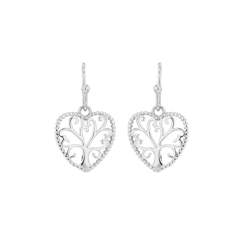 Boucles d'oreilles Coeurs avec arbre de vie, en argent