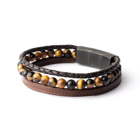 Bracelet Gemini Triple Brown, en cuir et perles oeil de tigre.