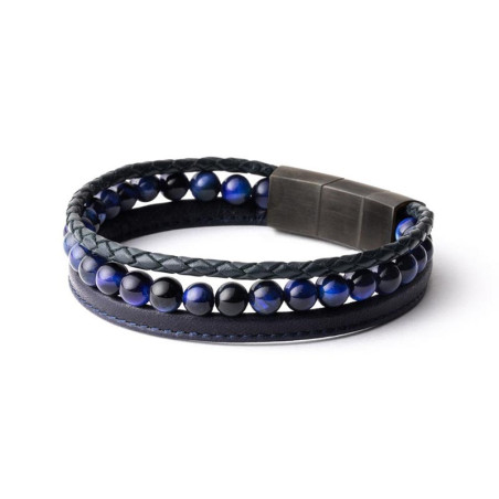 Bracelet Gemini Triple Blue, en cuir et oeil de tigre.