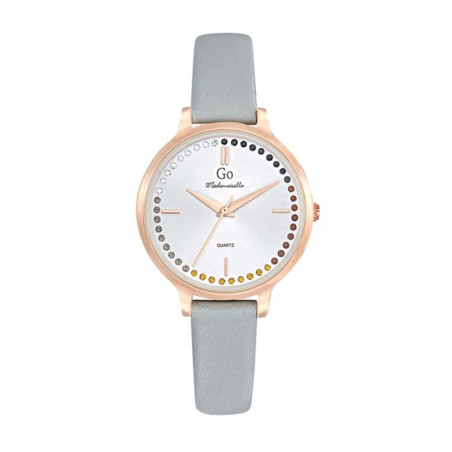Montre GO, Rainbow cadran rond argenté, empierré arc en ciel, bracelet en cuir gris - 699498