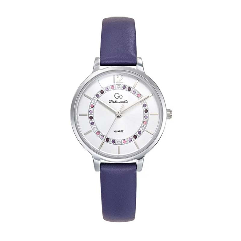 Montre GO, bleue cadran rond argenté et empierré et bracelet cuir bleu - 699542