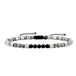 Bracelet perles grises en jaspe et noires en agate.