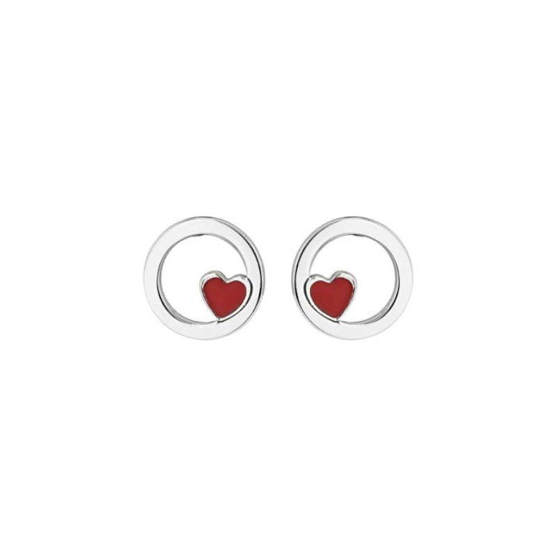 Boucles d'oreilles Rondes avec Coeur rouge et en argent