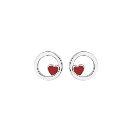 Boucles d'oreilles Rondes avec Coeur rouge et en argent