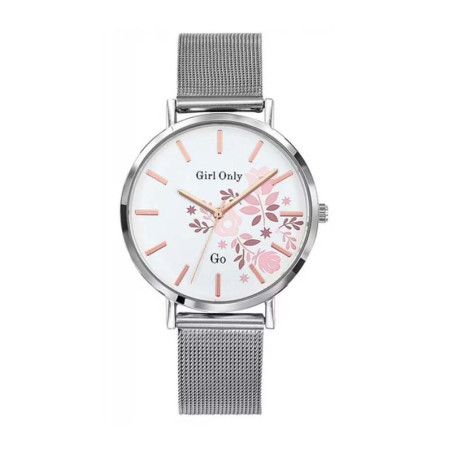 Montre GO Fleurie, cadran rond blanc avec des fleurs, bracelet acier maille milanaise 695910