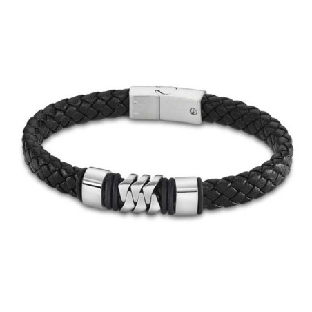 Bracelet Lotus Style, Cuir noir et acier