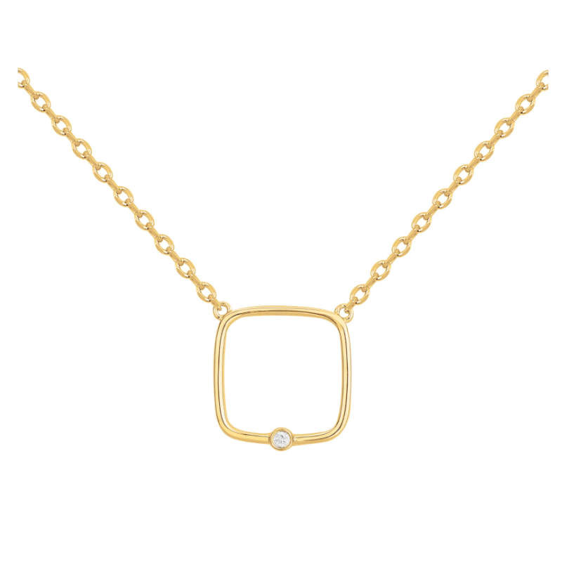Collier plaqué or pendentif carré ajouré & diamant – La Garçonne