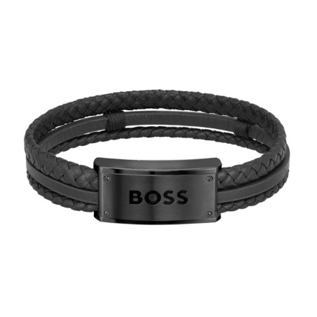 Bracelet Hugo Boss, triple liens noirs, plaque noire en acier