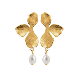Boucles d'oreilles Feuille avec perle blanche