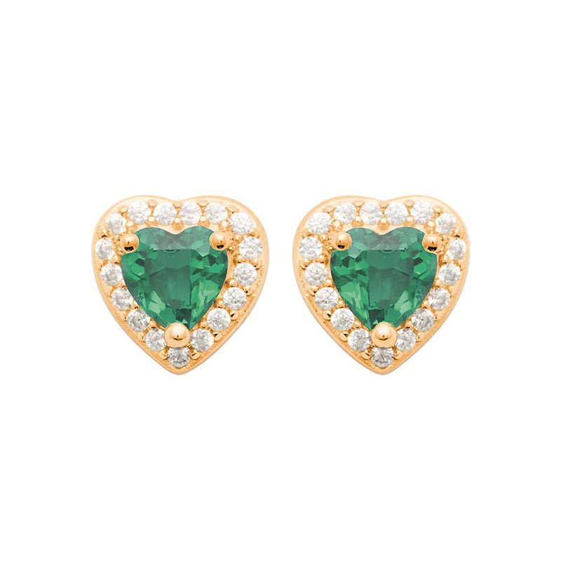 Boucles d'oreilles Coeur vert, entouré de pierres blanches et en plaqué or