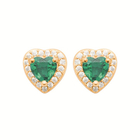 Boucles d'oreilles Coeur vert, entouré de pierres blanches et en plaqué or