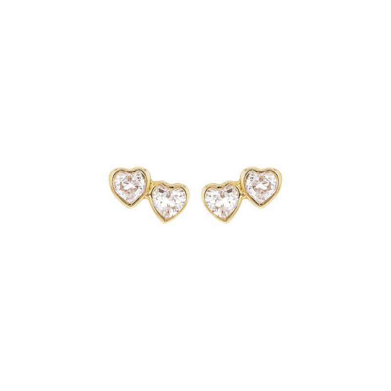 Boucles d'oreilles Double Coeurs éclatants, en oxydes blancs et or 375 millièmes