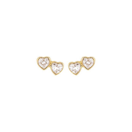 Boucles d'oreilles Double Coeurs éclatants, en oxydes blancs et or 375 millièmes