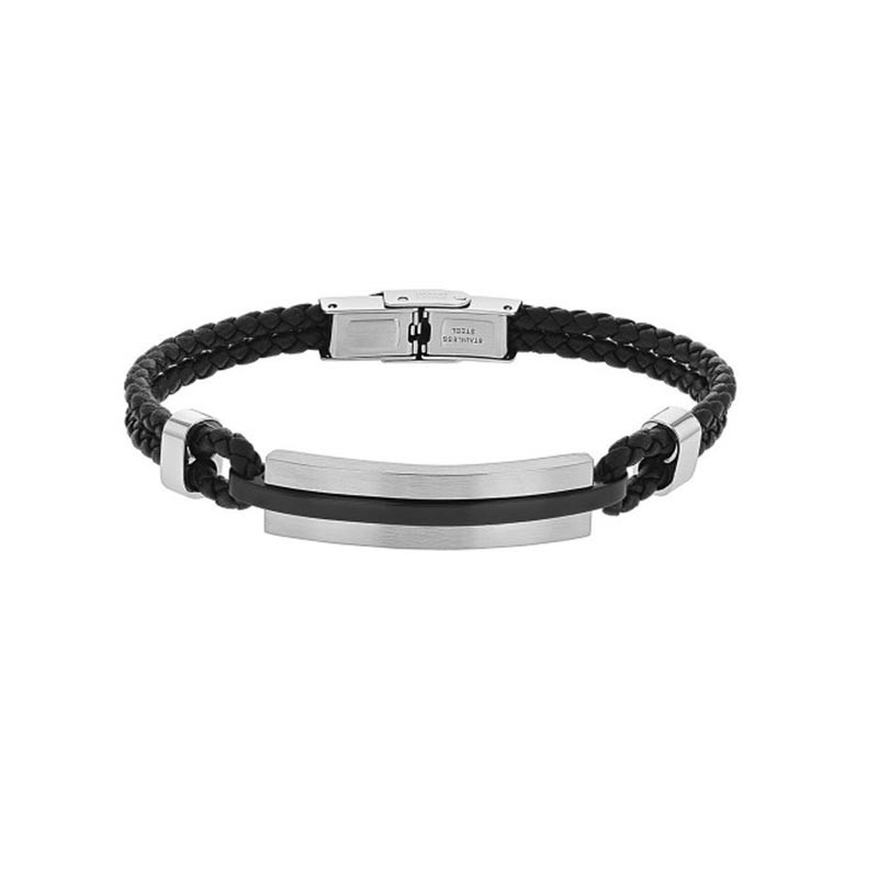 Bracelet Harvey Stone, ligne noire, en acier et cuir noir