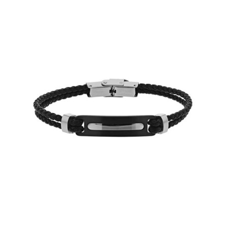 Bracelet Harvey Stone, ligne blanche, en acier et cuir noir