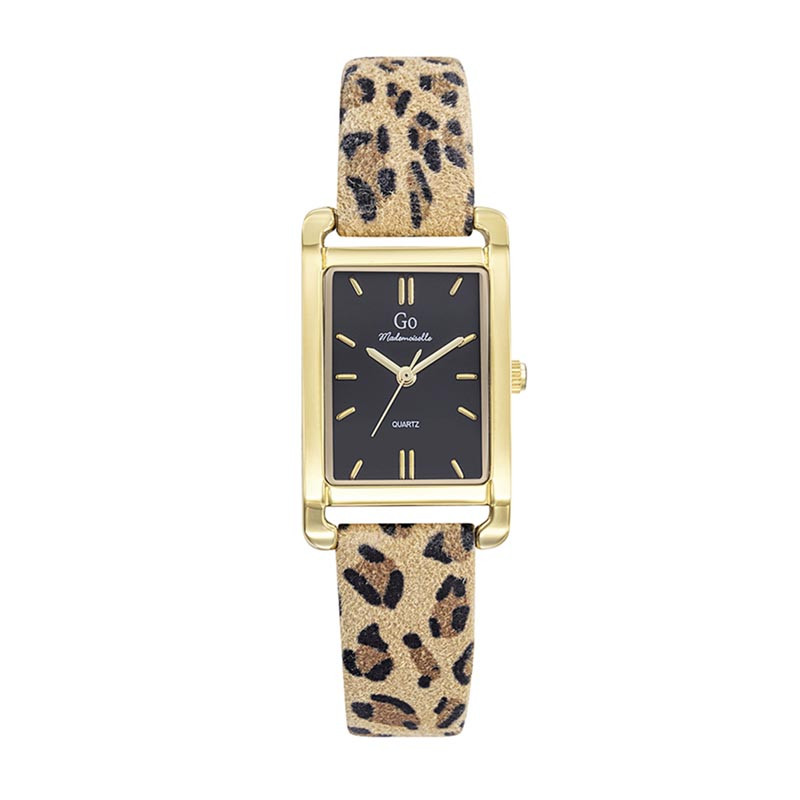 Montre GO Léopard, cadran rectangulaire noir, contour doré, bracelet cuir léopard - 699631