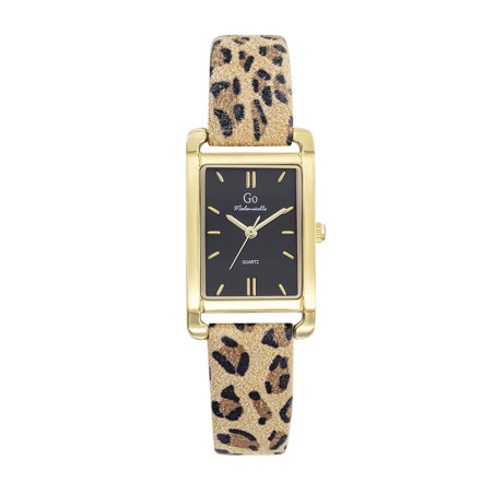 Montre GO Léopard, cadran rectangulaire noir, contour doré, bracelet cuir léopard - 699631