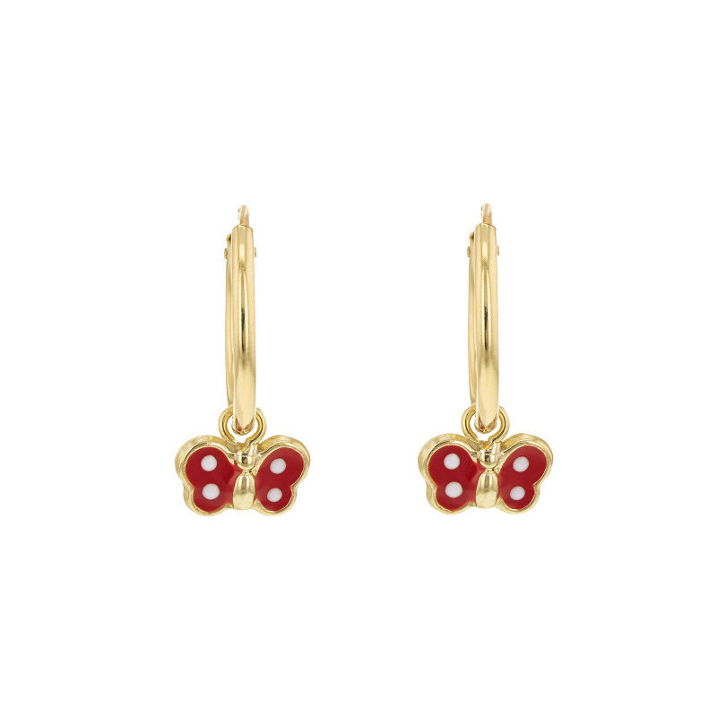 Boucles d'oreilles Créoles Papillon, ailes rouges et en or jaune