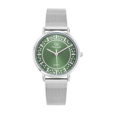 Montre GO Verte, 695590, cadran rond vert et parsemé de pierres, bracelet milanais chromé