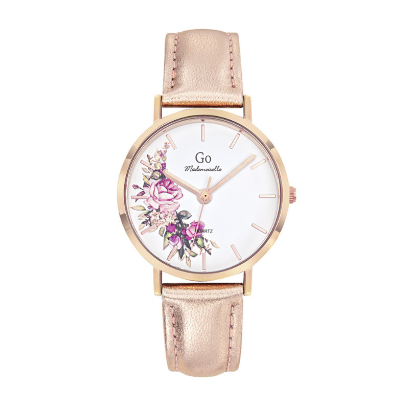 Montre GO avec des Fleurs sur le cadran, bracelet cuir irisé rose doré, 699594